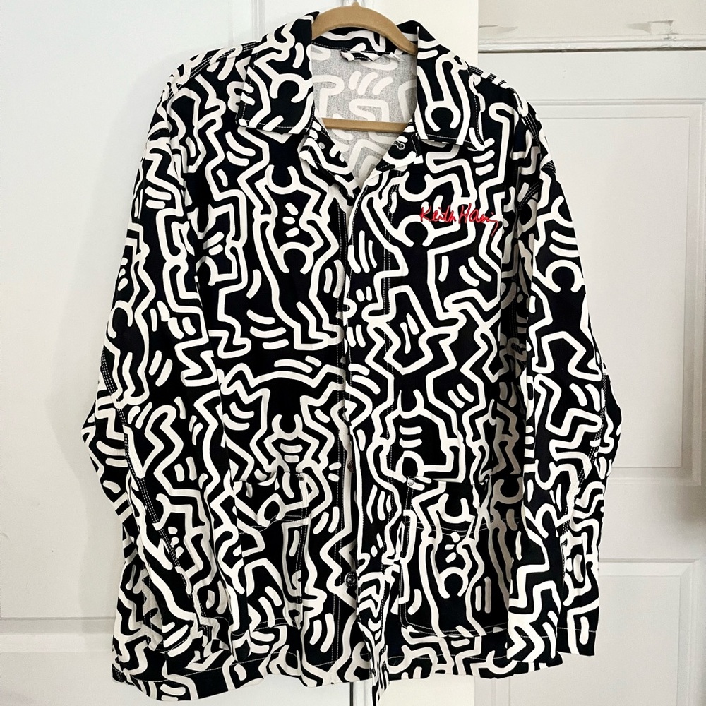 H&M Keith Haring Black & White Large Cotton 80s Style Shacket Jacket